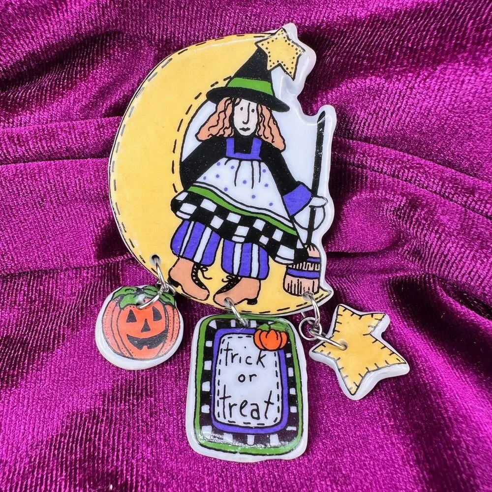 Vintage Halloween Brooch Pin Cute Witch on Moon Trick or Treat Pumpkin Star